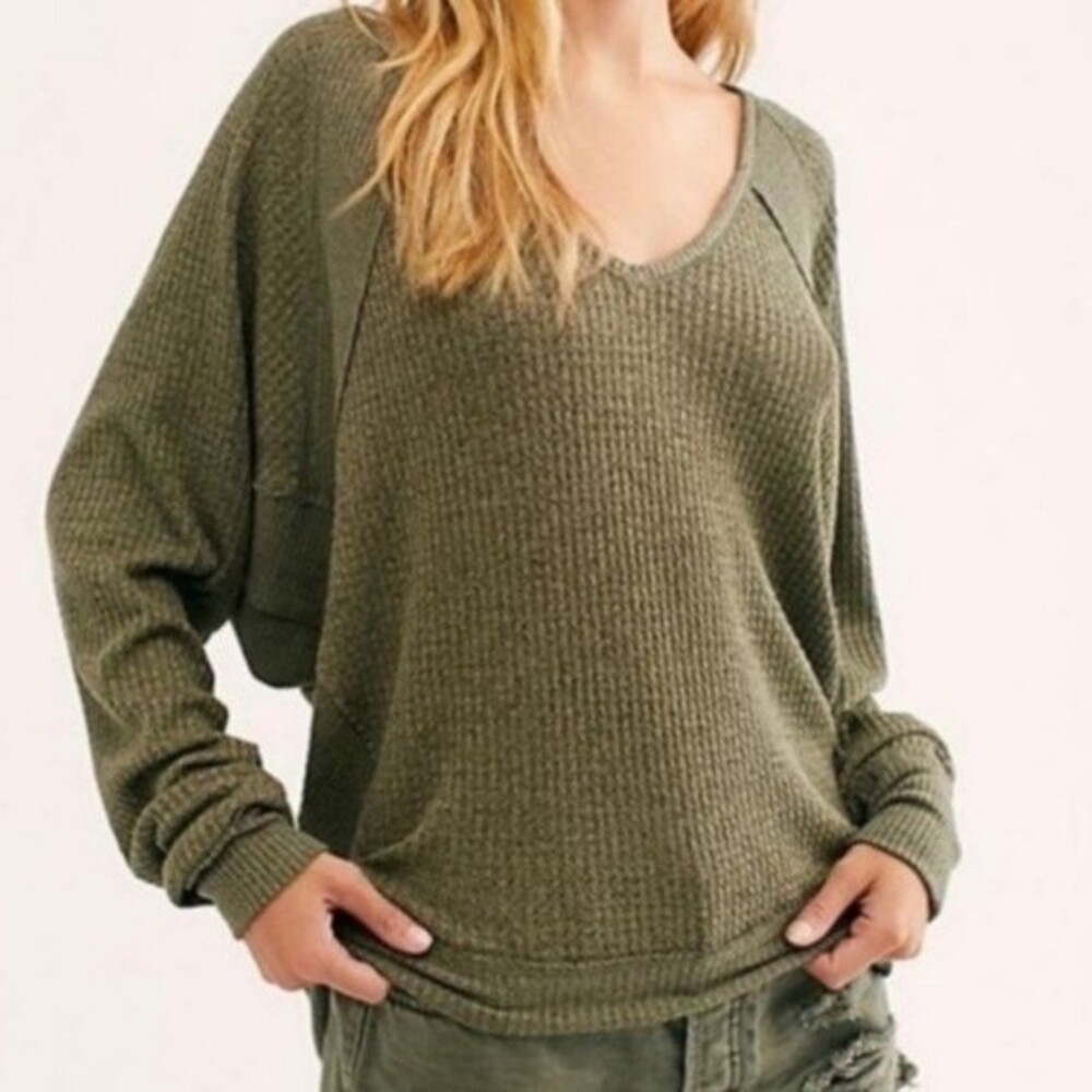 Free People Santa Clara Thermal Shirt Top Long Sleeve Green size L - Picture 3 of 14